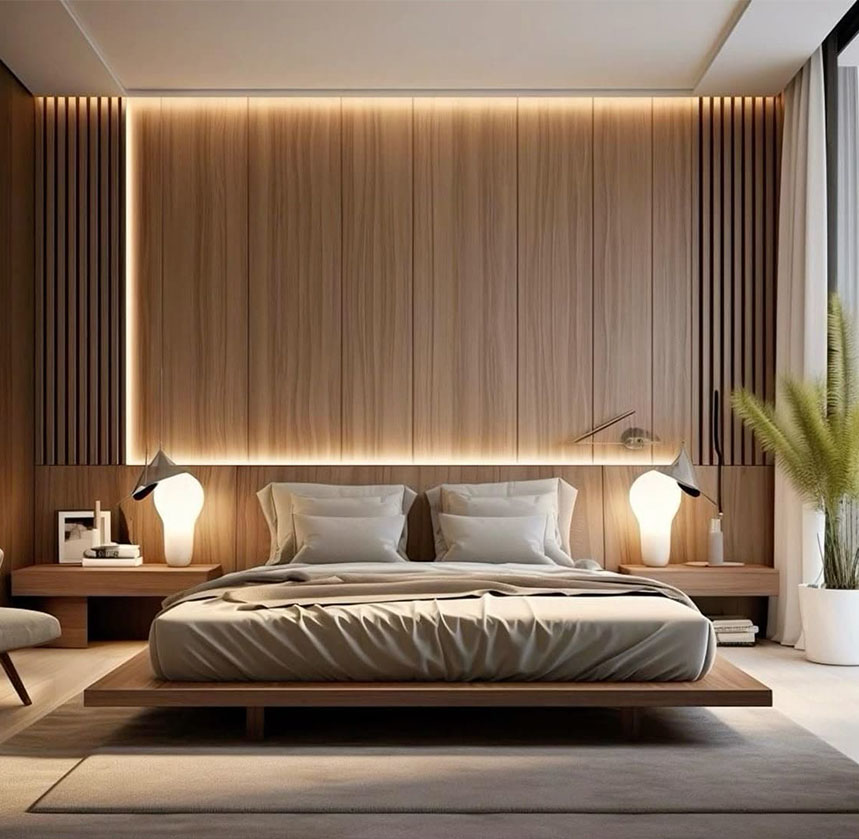 Muro interior revestido con paneles de lambrín de MDF